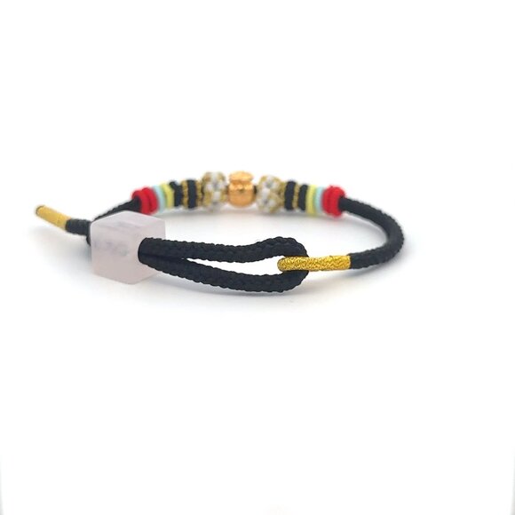 18K Gold Money Bag Bracelet Multicolor Yarn Rose Quartz Square Bead Size 6-6.5" - Picture 5 of 9